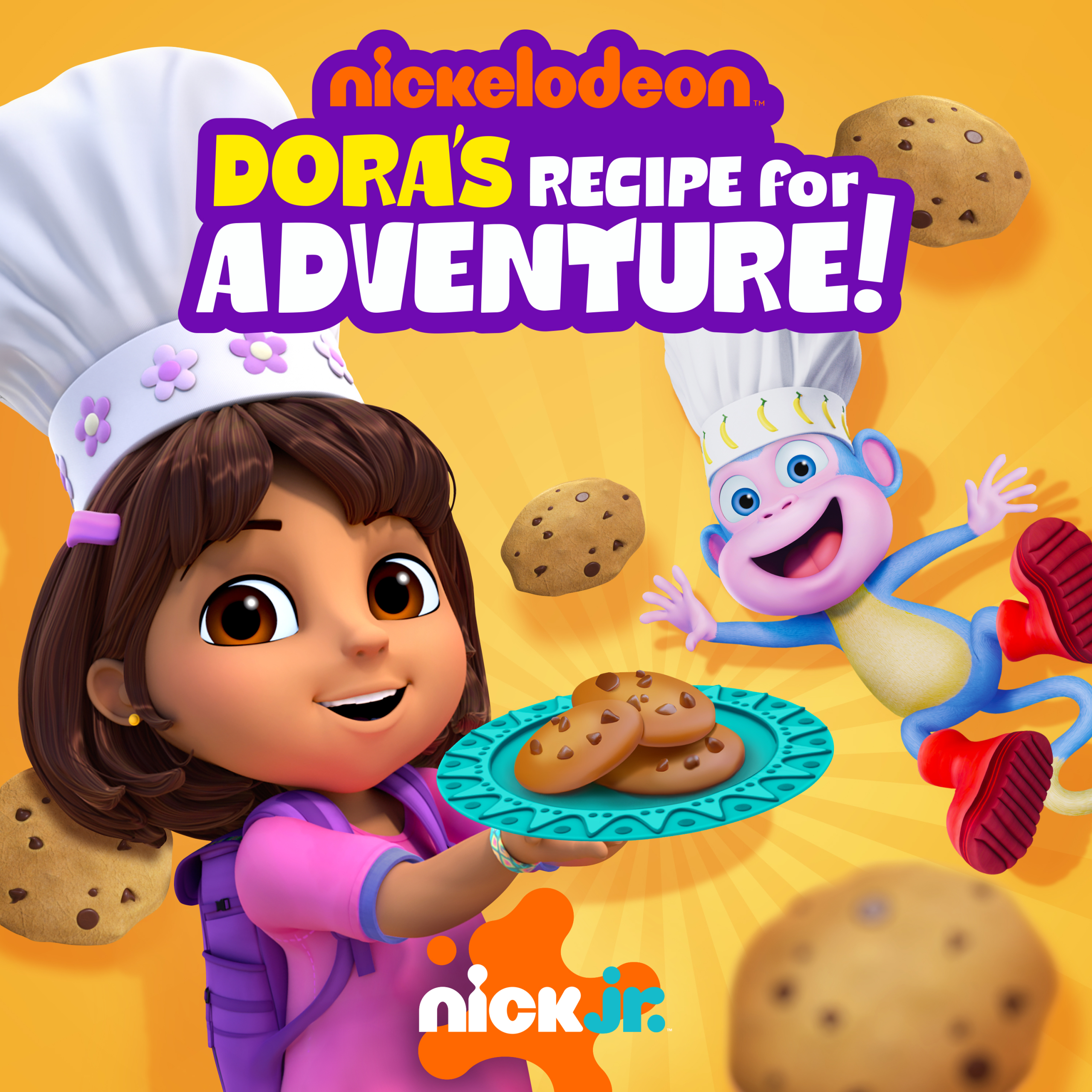 Dora and Boots baking cookies in front of logo for podcast Dora's Recipe for Adventure
