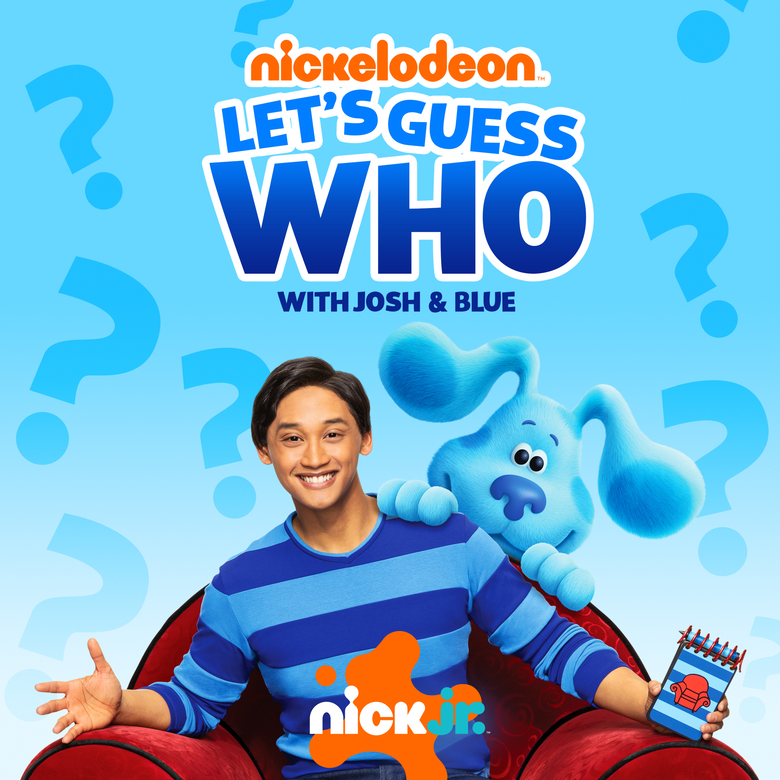 Josh and Blue from Blue's Clues & You sitting in the Thinking Chair in front of Nickelodeon Let's Guess Who podcast logo