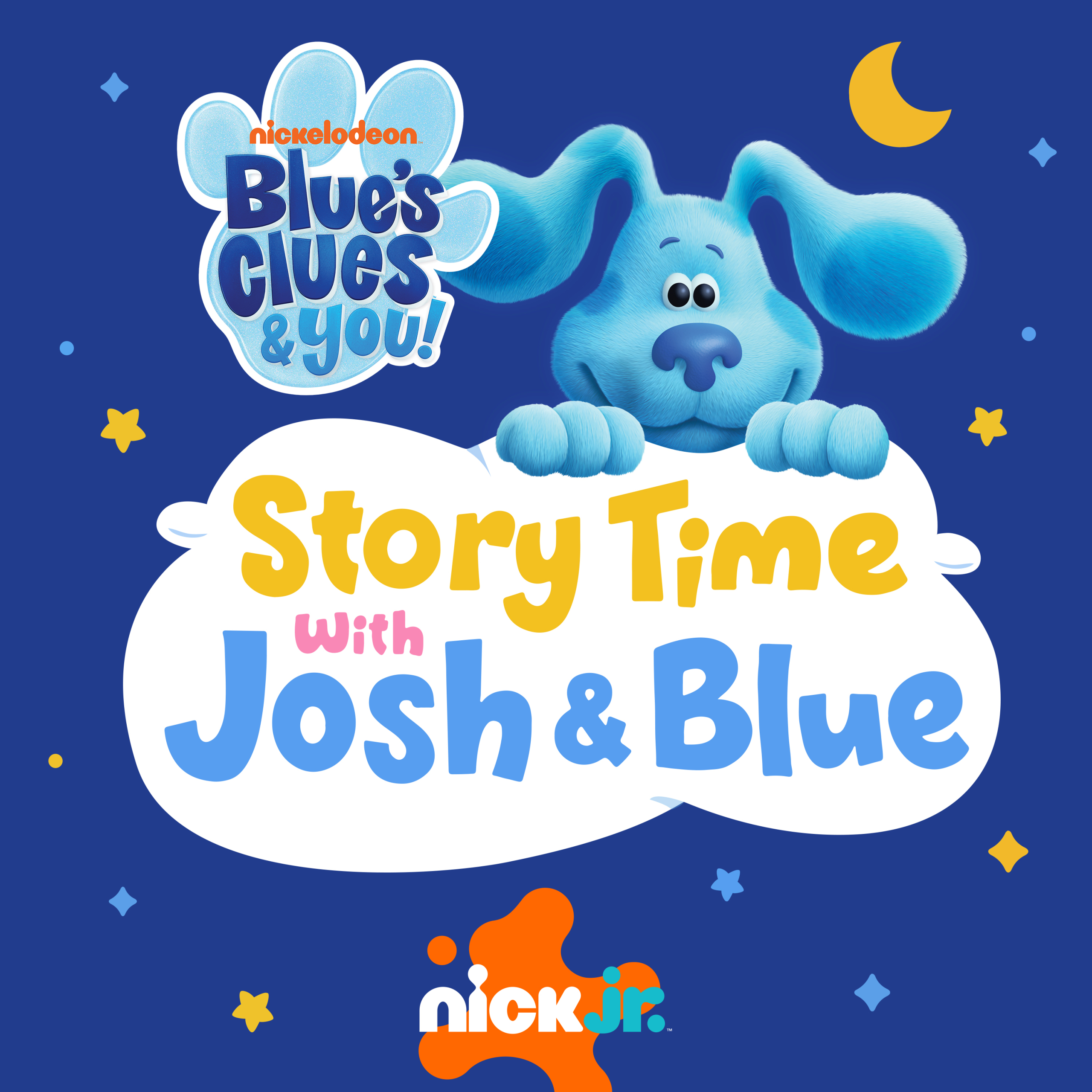 Blue on a nightime background in front of Story Time with Josh & Blue podcast logo